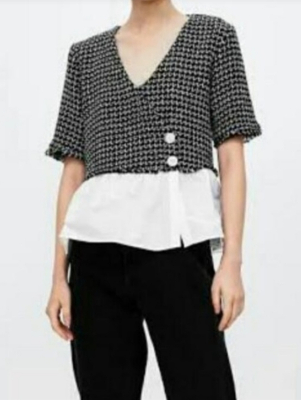 Zara Black and White Tweed Layered V‑Neck Blouse